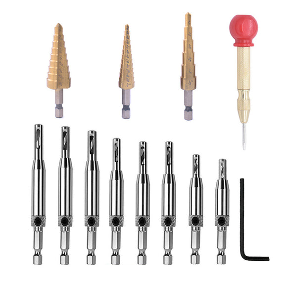 Drillpro 13Pcs Woodworking Hole Drill Bit Combination Set High Speed Steel Woodworking Hinge Head Imperial Pagoda Drill Golden Center Punch