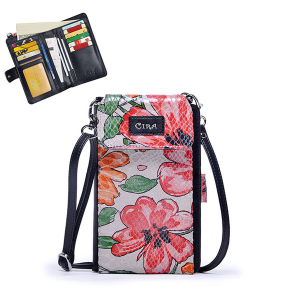 Women Print Sheepskin Multifunctional Phone Bag Crossbody Bag 10 Card Slot Wallet
