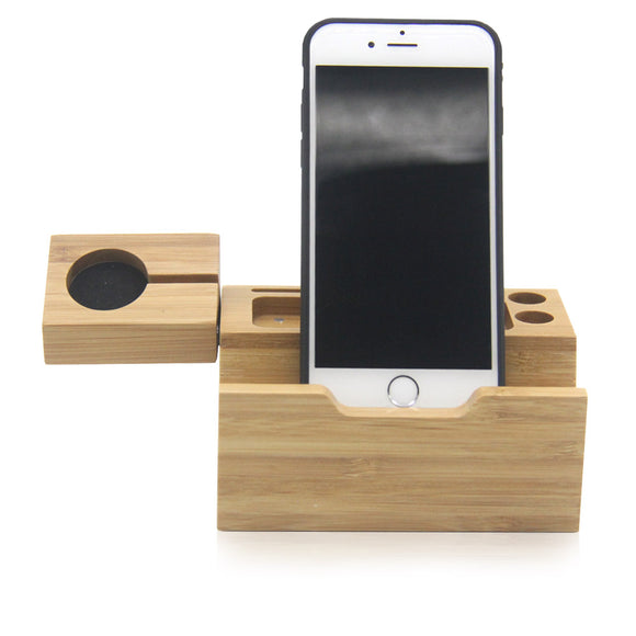 Natural Bamboo USB Charging Dock Stand Holder Bracket for Mobile Phone Smart Watch