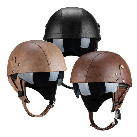 PU Leather Vintage Size Motorcycle Half Helmet With Sun Visor Detachable Collar For Harley