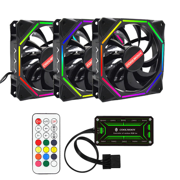 Coolmoon 3PCS 12cm Adjustable RGB Cooling Fan with IR Controller for Desktop PC