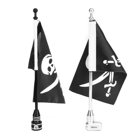 Motorcycle Rear Side Jolly Roger Flag Pole Mount For Luggage Rack Harley Black Silver