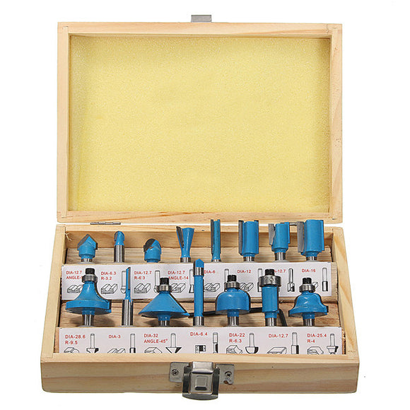 15pcs 1/4 Inch Round Shank Carbide Router Bit Set Wood Milling Cutter With Wood Case