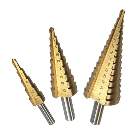 3pcs 4-12/20/32mm HSS Titanium Coated Step Drill Bit Hex Shank Hole Cutter