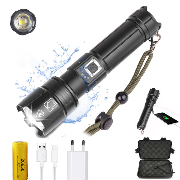 XANES P70 1800 Lumens USB LED Zoomable Tactical Flashlight 5 Modes IPX4 Waterproof Spotlight Searchlight With Charger 26650 Battery Storage Box