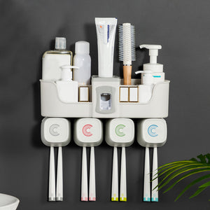 Toothpaste Dispenser Toothbrush Holder No Drill Wall Mount Bathroom Storage Shelf Rack