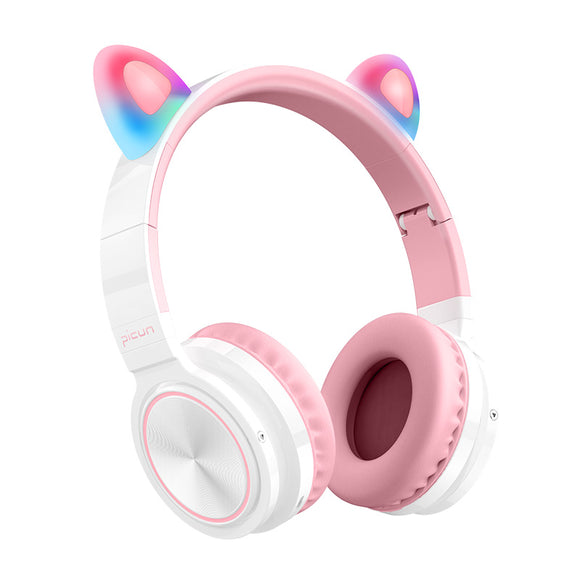 Picun Lucky Cat bluetooth Wireless Headset LED Light TF Card Cute Cat Ear Girls Earphone HIFI Stereo Bass Headphone With Mic