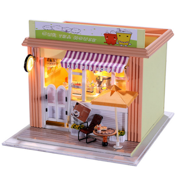 Hoomeda DIY Wood Dollhouse Miniature With LED+Furniture+Cover Tea House