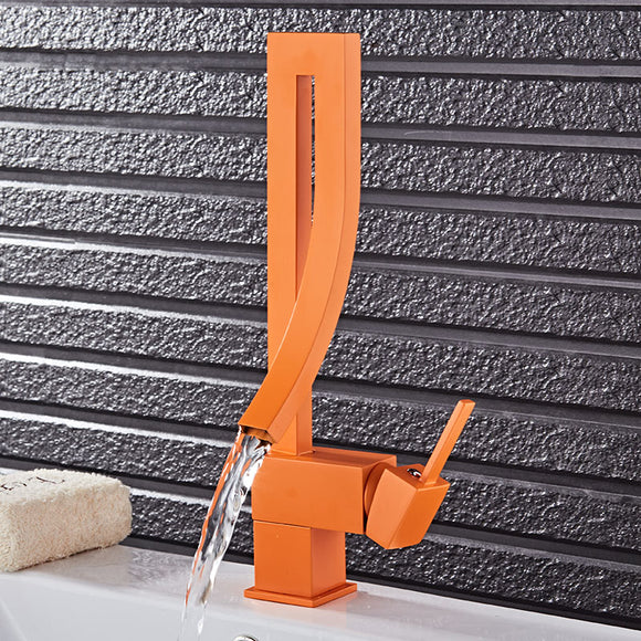 Creative Orange Color Single Handle Waterfall Brass Basin Faucet Tap Hot and Cold Bathroom Basin Fau