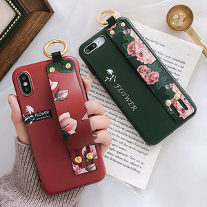 Fashion Flower Pattern Strap Ring Grip Stand Protective Case For iPhone XR/XS/XS Max/X/8/8 Plus/7/7 Plus/6s/6s Plus/6/6 Plus