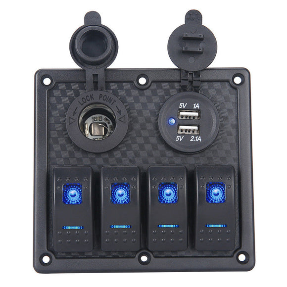 4 Gang 12/24V Switch Panel for Car Boat Marine LED Dual USB ON-OFF Toggle Rocker