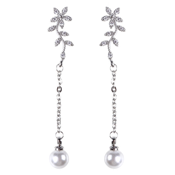 Temperament Flowers Pearl Earrings Long Zircon 925 Silver Hypoallergenic Ear Drop jewelry
