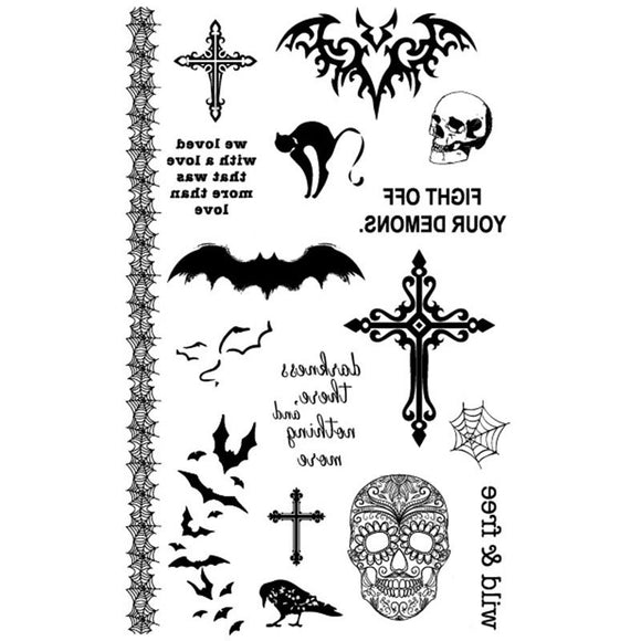 Halloween Horror Black Cat Bats Skull Cross Tattoo Stickers Waterproof