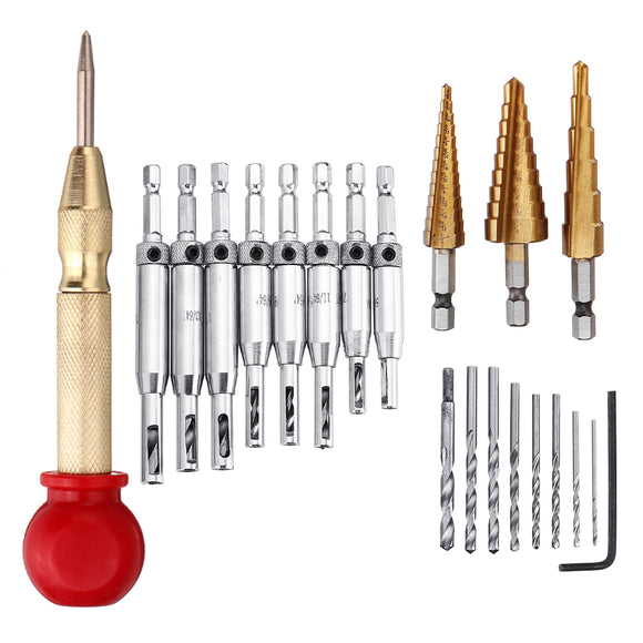 Drillpro 21Pcs Self-Centering Hinge Tapper Core Drill Bit Step Drill Set with Automatic Center Punch for Woodworking Adjustable Door Window Spring Loaded Metal Drill Bits