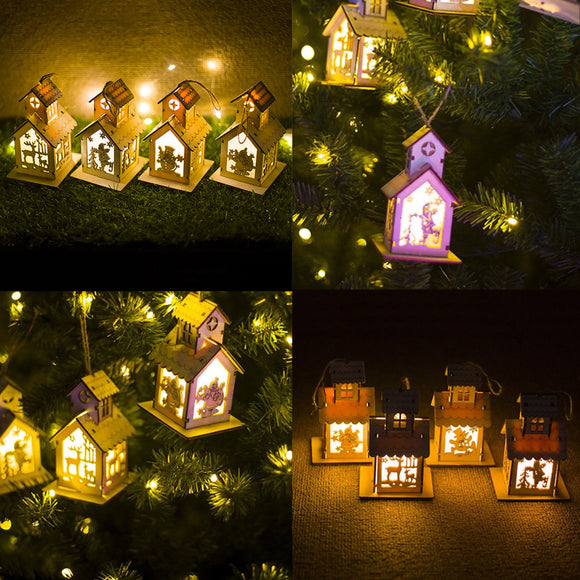 LED Christmas Wooden House Tree Night Light Decoration Hanging Ornament Holiday Cabin Gift