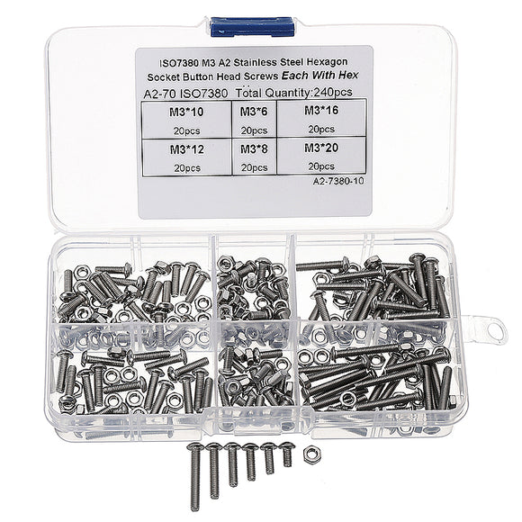 Suleve M3SH2 M3 Stainless Steel Hex Socket Button Head Cap Screw Bolts Nuts Assortment 240pcs