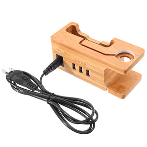110V-220V USB Port Bamboo Charging Dock Station Charger Holder For Apple Watch iPhone