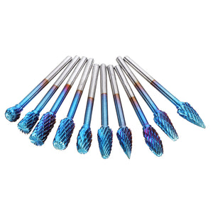 Drillpro 10Pcs 3mm Shank Blue Nano Tungsten Carbide Burrs 6mm Head Rotary File Set