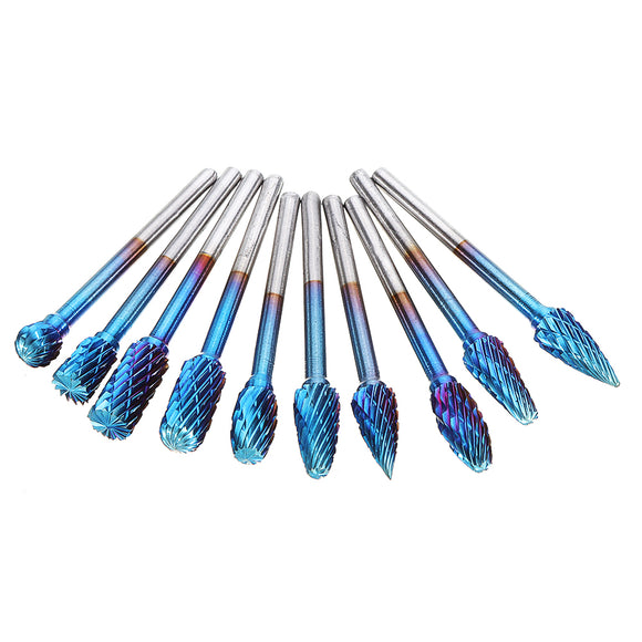 Drillpro 10Pcs 3mm Shank Blue Nano Tungsten Carbide Burrs 6mm Head Rotary File Set