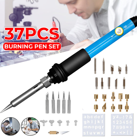 37Pcs 110V 220V 60W Wood Burning Pen Set Stencil Soldering Tips Tools Pyrography Kit