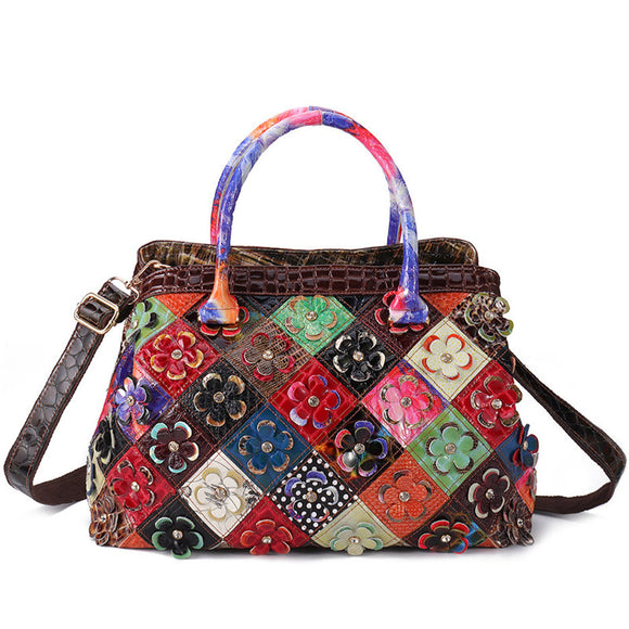 Women Bohemian Genuine Leather Floral Handbag Large Capacity Vintage Crossbody Bags