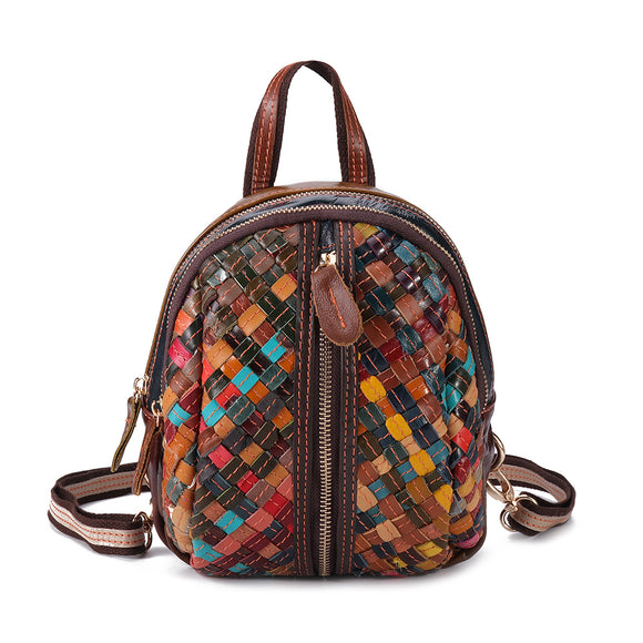 Women Genuine Leather Hand Stitching Patchwork Backpack Multi-Slot Handbags