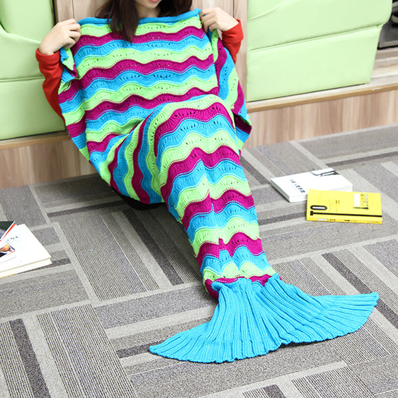 180X90CM Three Color Stripe Yarn Knitting Mermaid Tail Blanket Warm Super Sleep Bag Soft Bed Mat