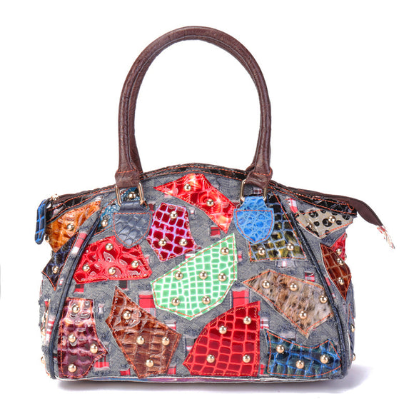 Women Genuine Leather Stitching Patchwork Vintage Floral Handbag Crossbody Bag