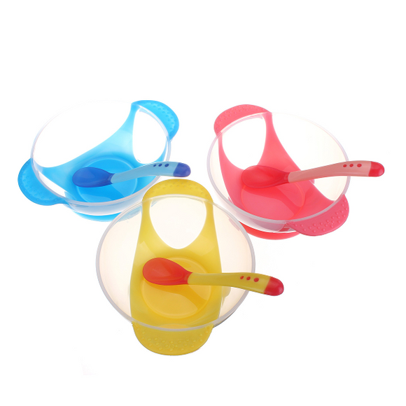 2pcs Baby Bowl Spoon Set Suction Temperature Color Changing Feeding