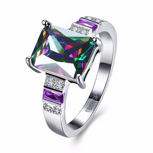 INALIS Square Rainbow Zircon Crystal Platinum Women Rings
