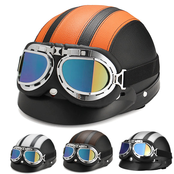 Retro Motorcycle Half Open Face Leather Helmet Scooter With UV Goggles