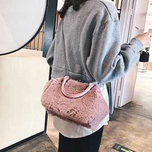 Women Plush Solid Handbag Chain Crossbody Bag Leisure Shoulder Bag