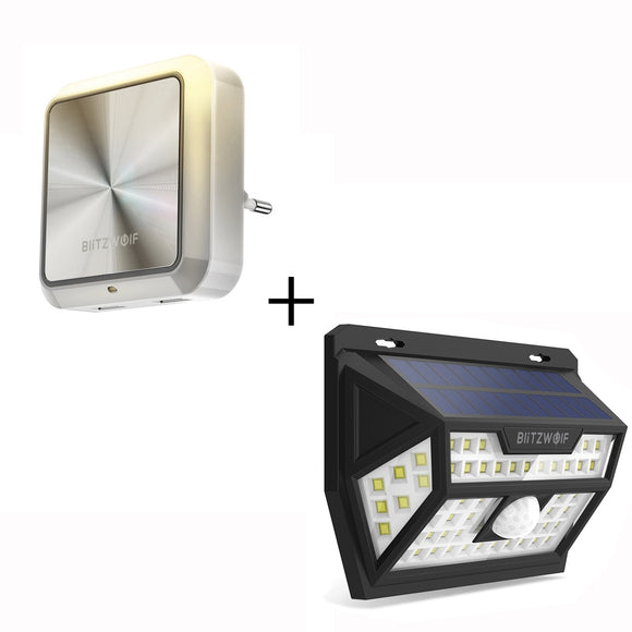 Blitzwolf BW-OLT1 Solar Power 62 LED PIR Motion Sensor Wall Light + BW-LT14 Plug-in Smart Light Sensor LED Night Light