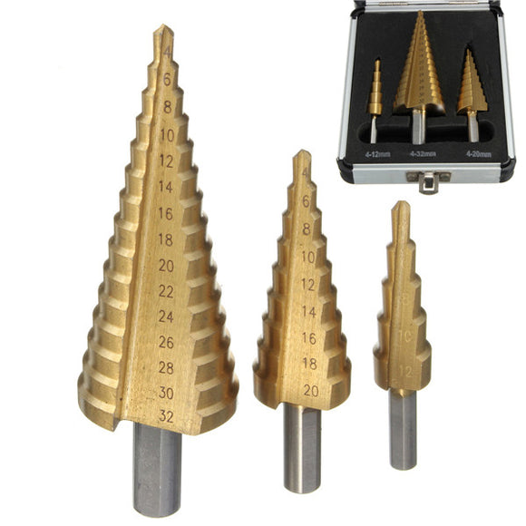 3pcs HSS Step Drill/Pagoda Drill/Ladder Drill Round Shank 4-12/4-20/4-32