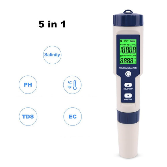 EZ-9909A 5 in 1 TDS/EC/PH/Salinity/Temperature Meter Digital Water Quality Monitor Tester for Pools, Drinking Water, Aquariums