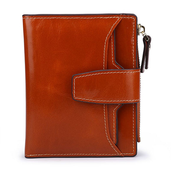 Women Genuine Leather RFID Fold Up Hasp Short Wallet Multi Card Slots