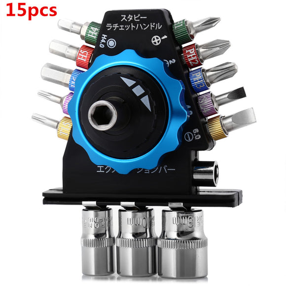 JACKLY 15PCS HT0312BAL Dual-end Stubby Ratchet Screwdriver Electronic Equipment Repair Tool Kit