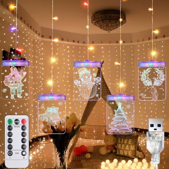 USB Romantic 3D Hanging Christmas LED Curtain String Light DC5V 8 Modes Remote Control for Home Decoration