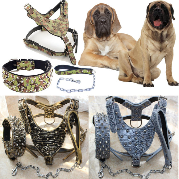 Unisex New Spiked Studded Leather Dog Harness Tactical Collar Leash Set Pitbull Mastiff Training Fraim