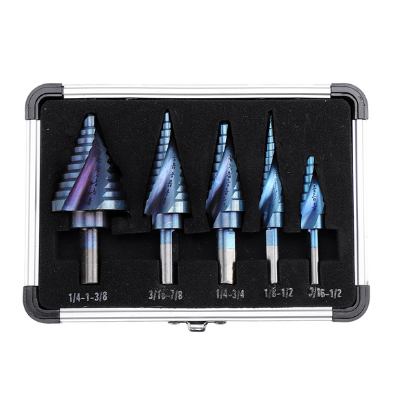 Drillpro 5pcs HSS Blue Nano Coating Step Drill Bit Set Spiral Flute Multiple Hole 1/8 to 1-3/8 Inch 50 Sizes with Aluminum Case or Opp Bag