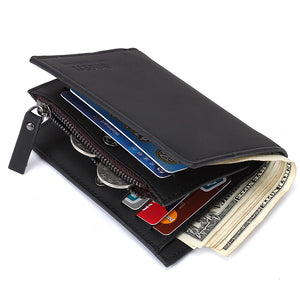 12 Card Slots Men Genuine Leather Minimalist Tri-fold Wallet Card Holder Zipper Coin Bag