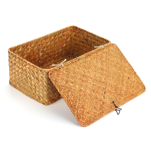 Storage Box Laundry Basket Handmade Straw Woven Home Clothes Storage with Cover