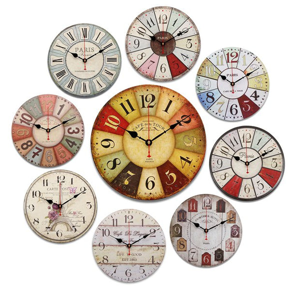 Round Vintage Rustic Wooden Wall Clock Quartz Movement