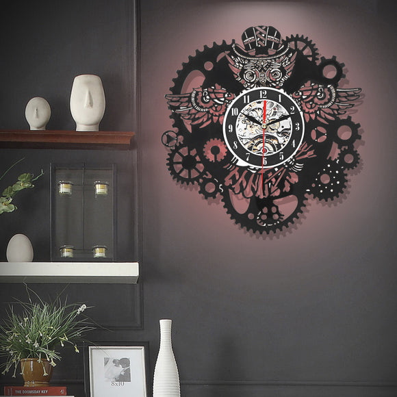 Owl Vinyl Record Wall Clock Gear Cogs Night Owl Steampunk LED Wall Clock Home Decor Cogwheels Animal Wall Modern