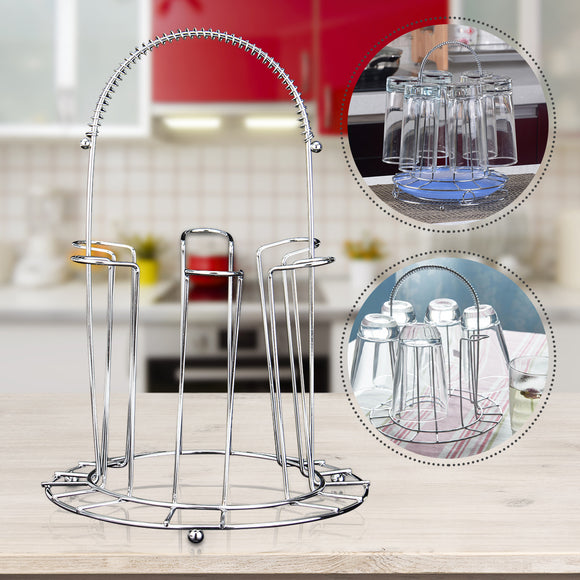 Round Stainless Steel Mug Glass Stand Drain Cup Holder Kitchen Storage Rack Hanging 6 Cups
