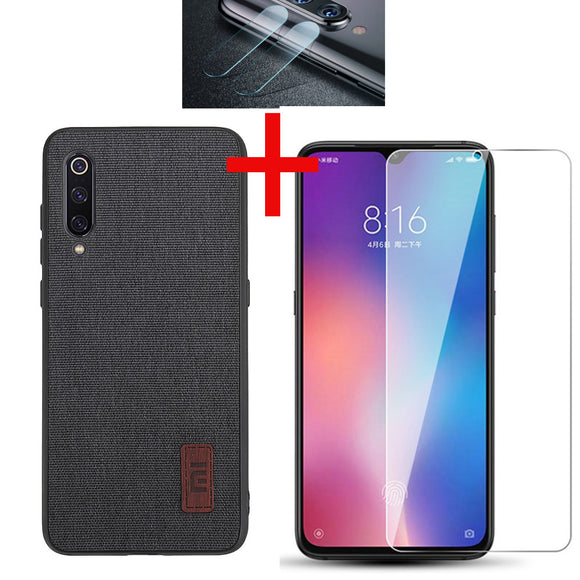 Bakeey Fabric Splice Soft Edge Protective Case+Tempered Glass Screen Protector +Lens Protector For Xiaomi Mi 9 / Mi 9 Transparent Edition-Black