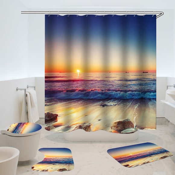 Waterproof Shower Curtain Non-Slip Rug Three Set  Bathroom Decor Blue Ocean Sunset