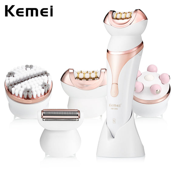 Kemei 4 In1 Rechargeable Facial Hair Remover Epilator Shaver Face Clean Brush Massager