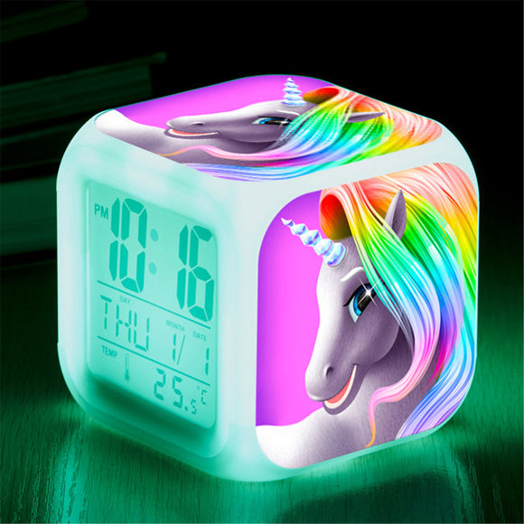 7 Colors Changing Unicorn LED Digital Alarm Clock Thermometer Date Time