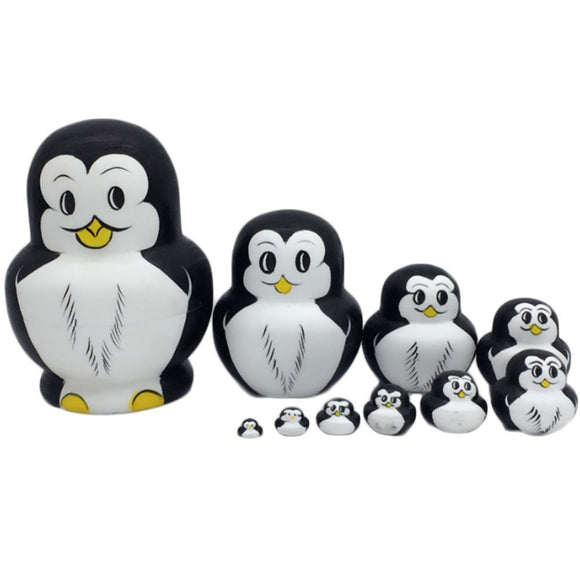 10 Pcs Wooden Penguin Animal Hand Painted Russian Nesting Doll Decor Gifts Toy